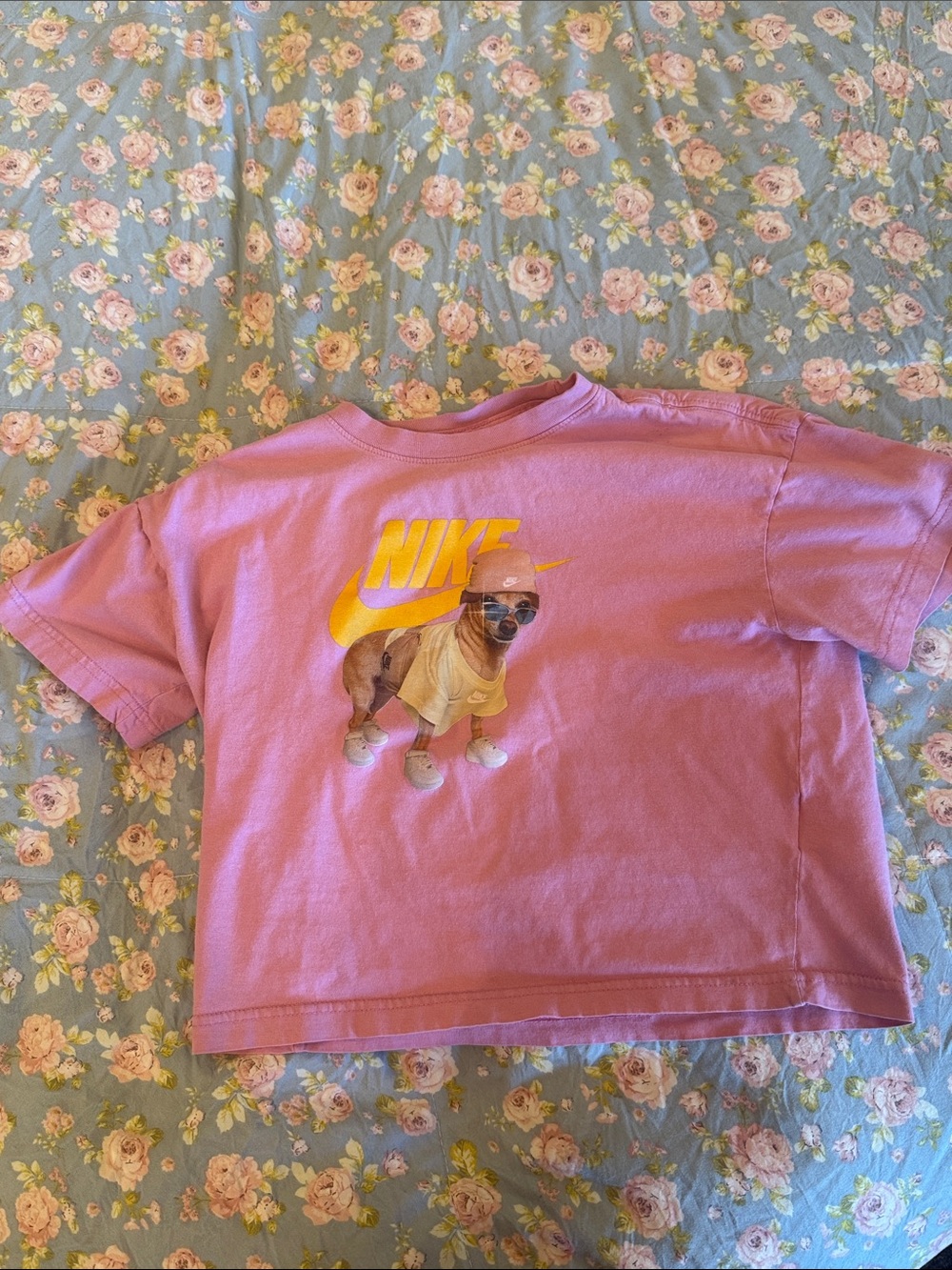 Nike Pink Tee with Yellow Logo and Dog Graphic